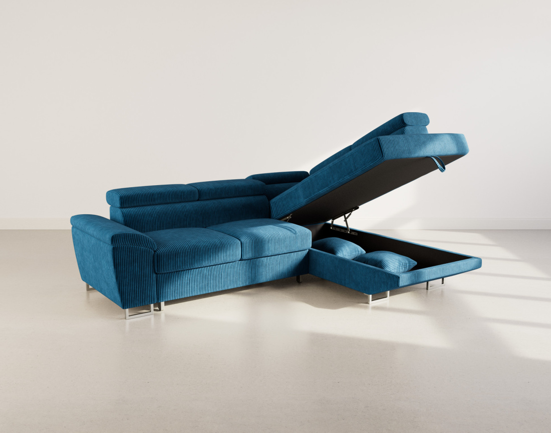 Canapé d'angle droit 5 places convertible avec têtières et coffre en velours côtelé Baoji