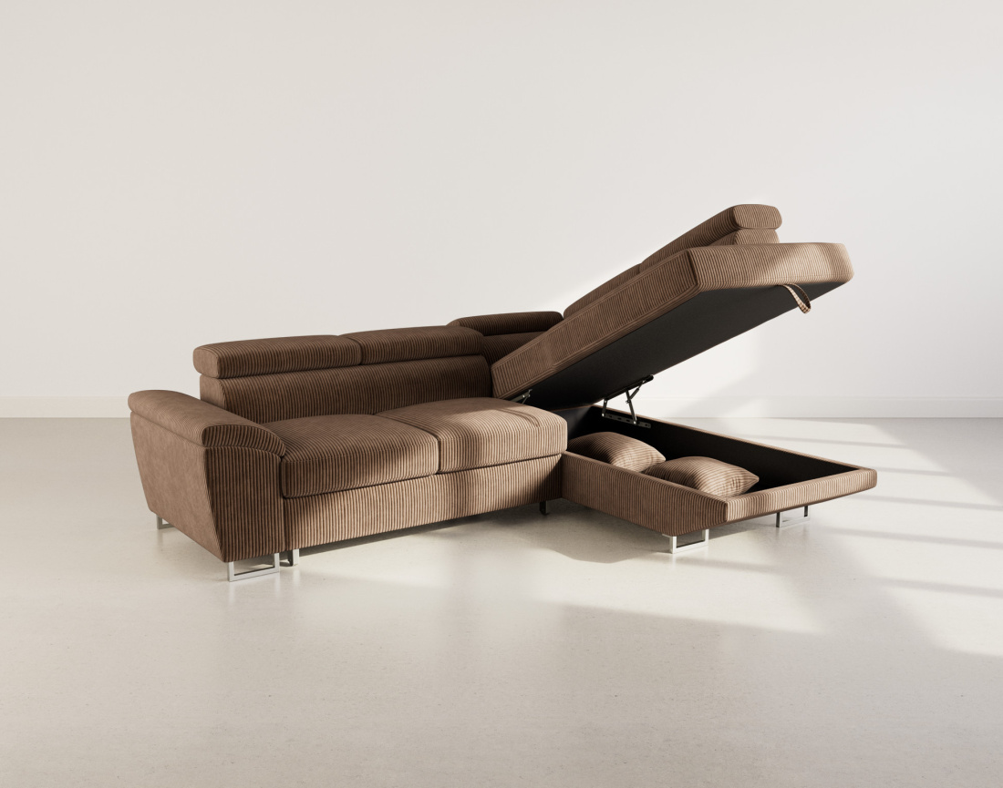 Canapé d'angle droit 5 places convertible avec têtières et coffre en velours côtelé Baoji