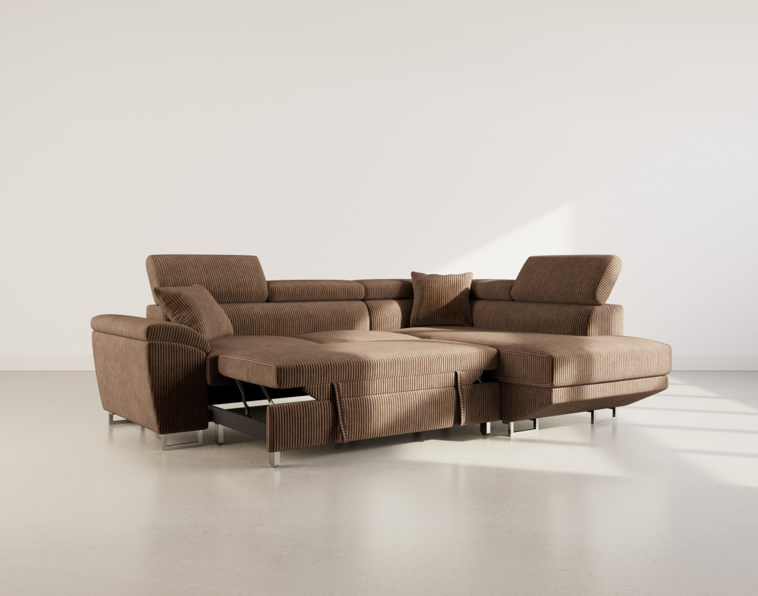 Canapé d'angle droit 5 places convertible avec têtières et coffre en velours côtelé Baoji