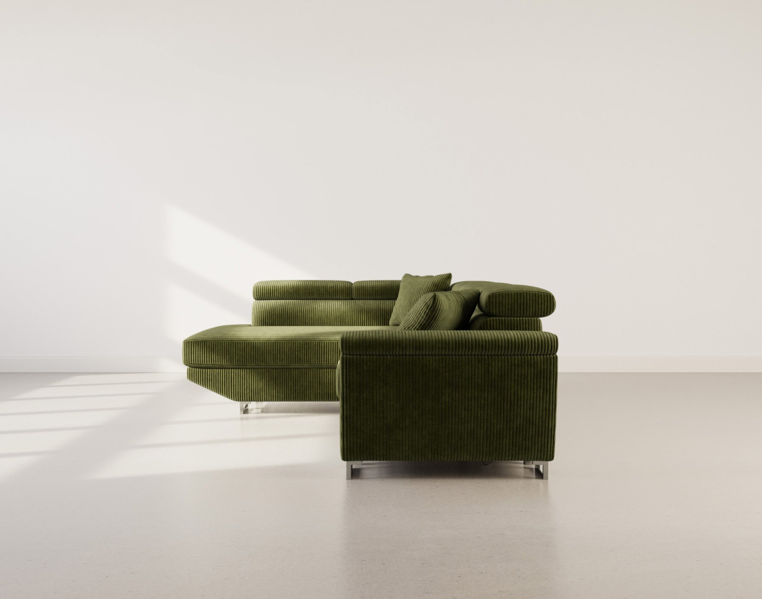 Canapé d'angle gauche 5 places convertible avec têtières et coffre en velours côtelé Baoji