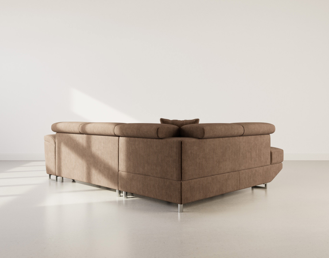 Canapé d'angle gauche 5 places convertible avec têtières et coffre en velours côtelé Baoji