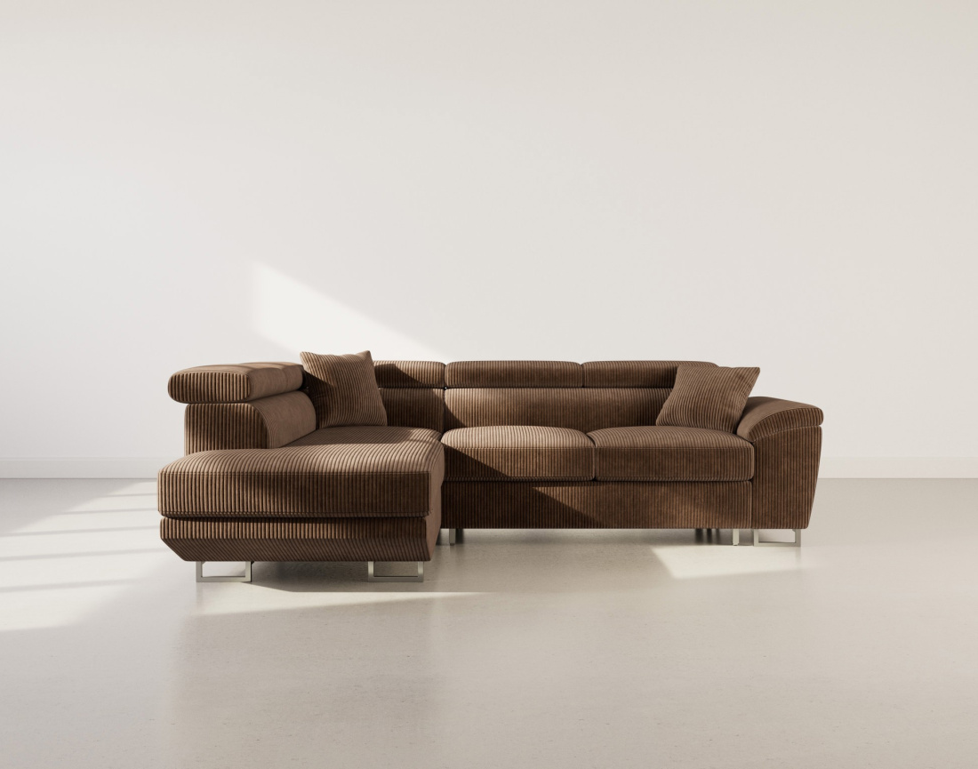 Canapé d'angle gauche 5 places convertible avec têtières et coffre en velours côtelé Baoji