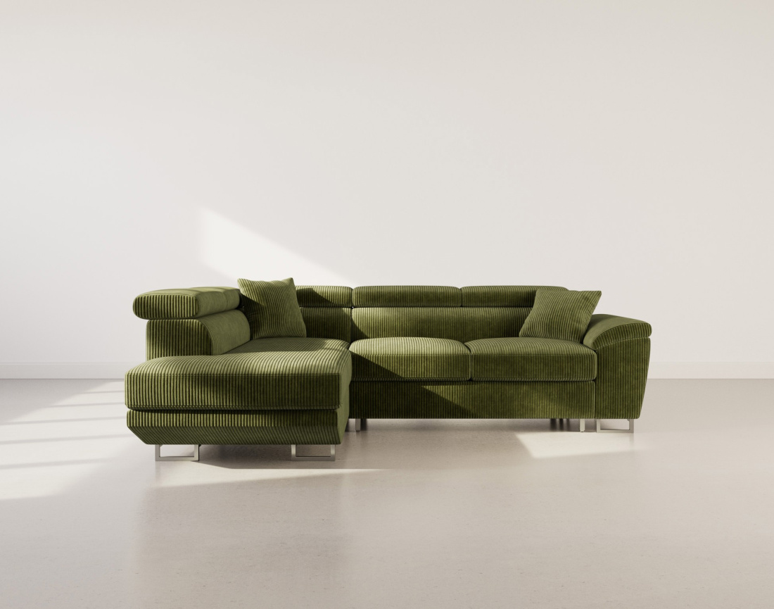 Canapé d'angle gauche 5 places convertible avec têtières et coffre en velours côtelé Baoji