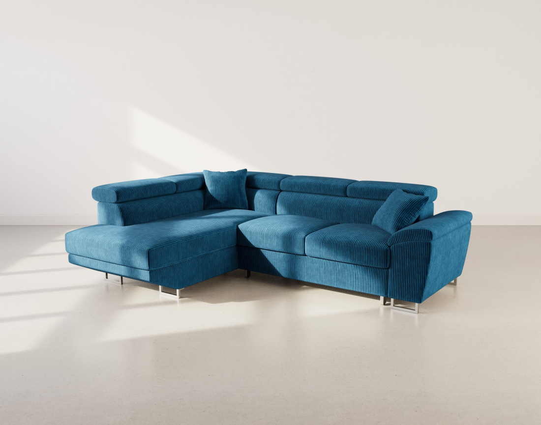 Canapé d'angle gauche 5 places convertible avec têtières et coffre en velours côtelé Baoji