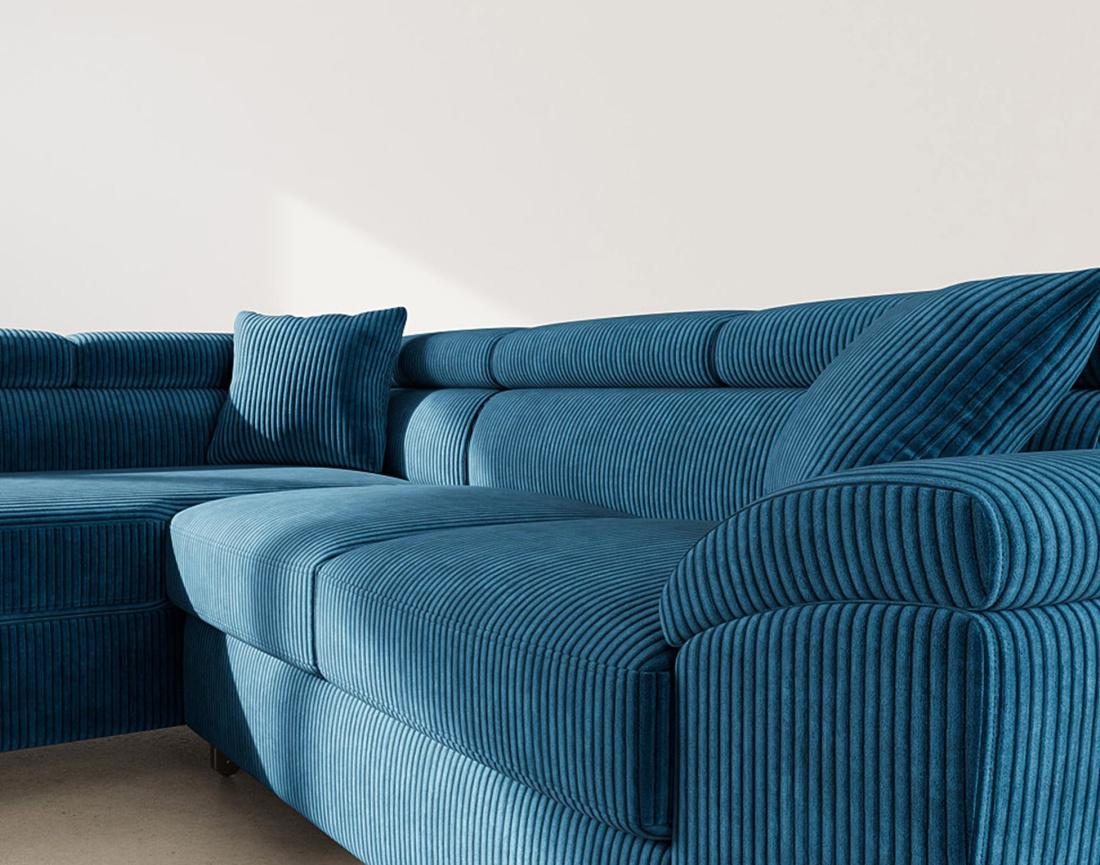 Canapé d'angle gauche 5 places convertible avec têtières et coffre en velours côtelé Baoji