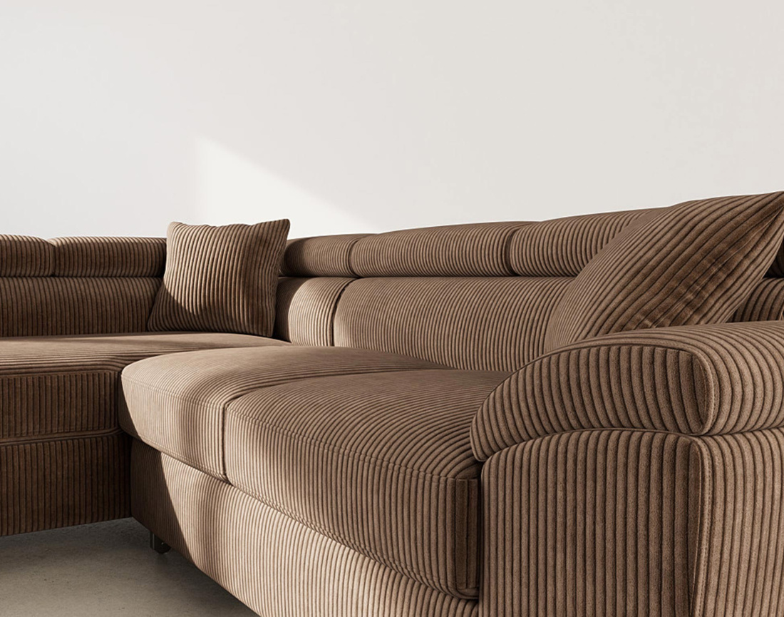 Canapé d'angle gauche 5 places convertible avec têtières et coffre en velours côtelé Baoji
