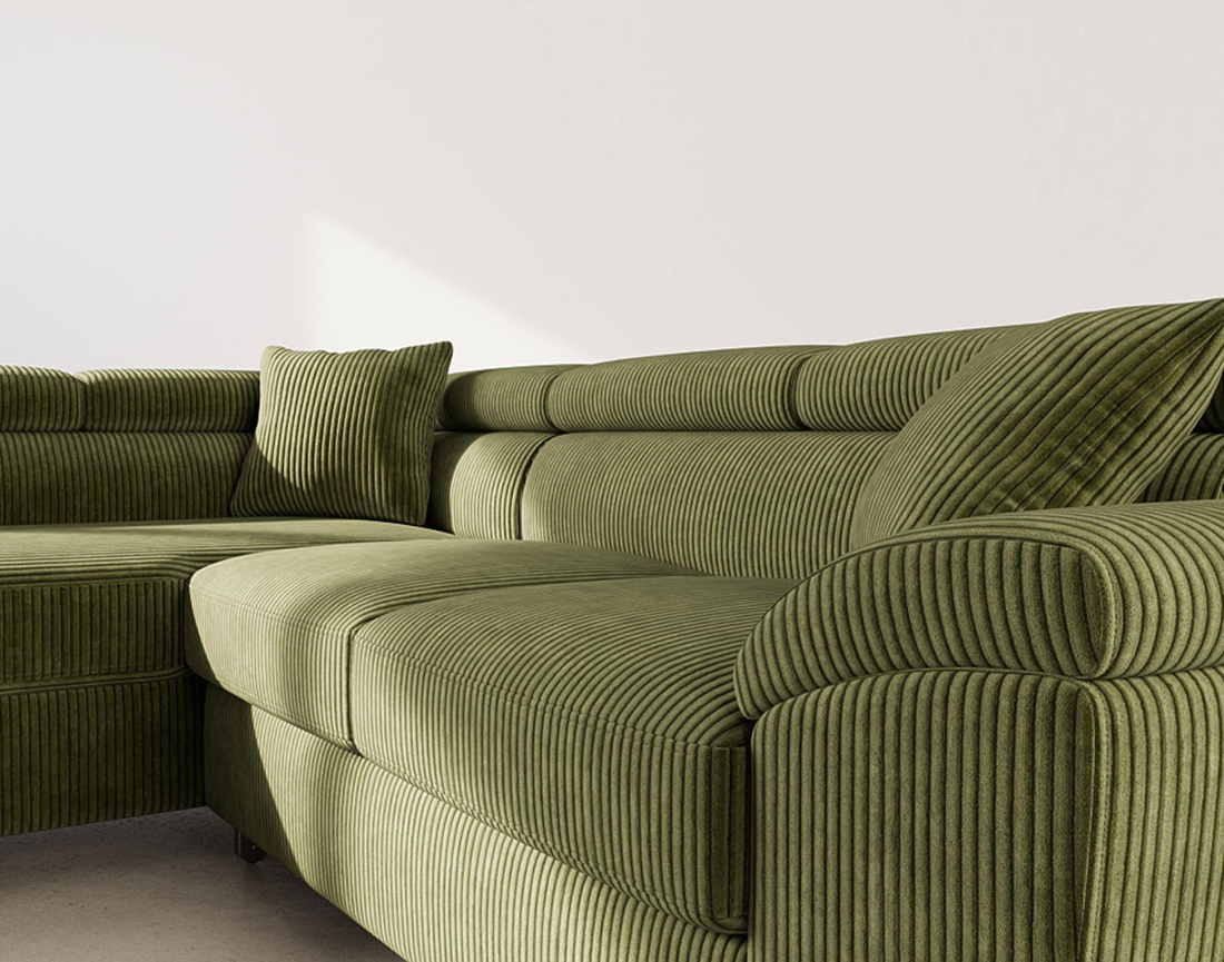 Canapé d'angle gauche 5 places convertible avec têtières et coffre en velours côtelé Baoji