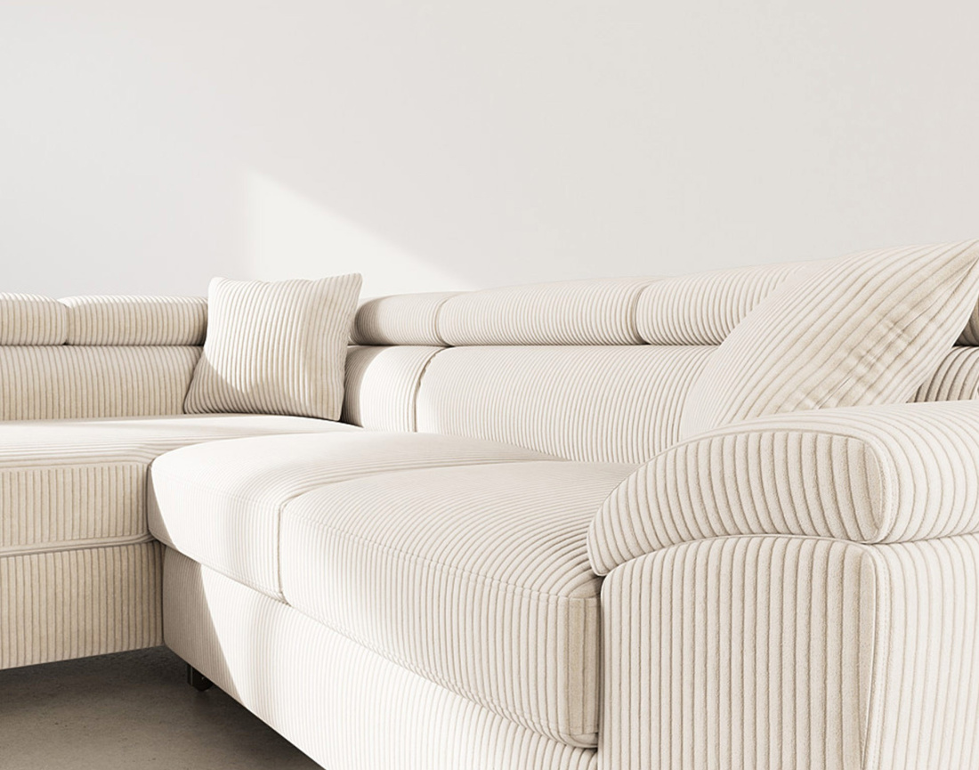 Canapé d'angle gauche 5 places convertible avec têtières et coffre en velours côtelé Baoji