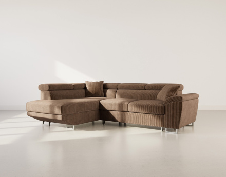 Canapé d'angle gauche 5 places convertible avec têtières et coffre en velours côtelé Baoji