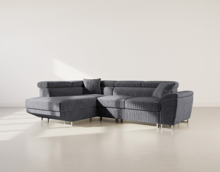 Canapé d'angle gauche 5 places convertible avec têtières et coffre en velours côtelé Baoji