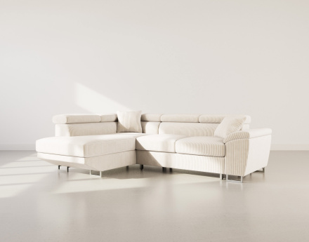 Canapé d'angle gauche 5 places convertible avec têtières et coffre en velours côtelé Baoji