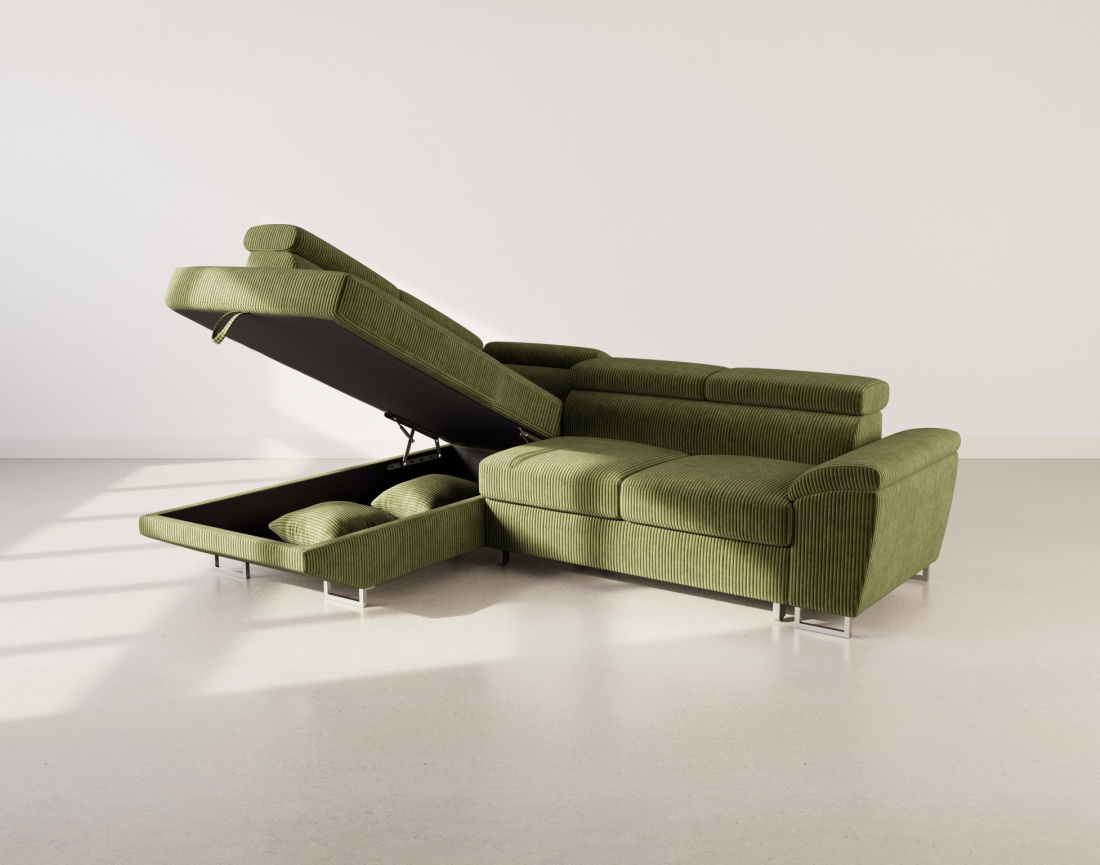 Canapé d'angle gauche 5 places convertible avec têtières et coffre en velours côtelé Baoji