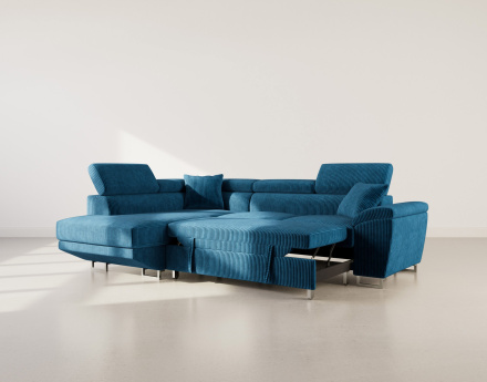 Canapé d'angle gauche 5 places convertible avec têtières et coffre en velours côtelé Baoji