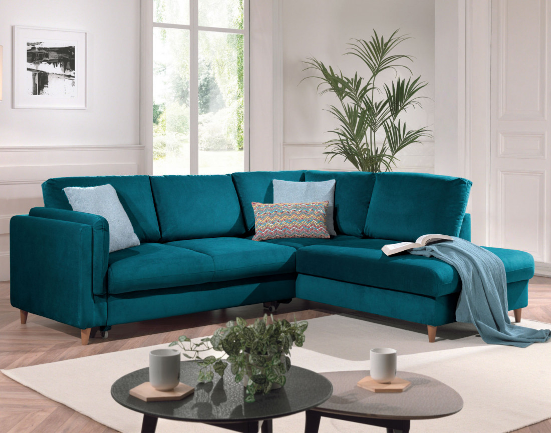 Canapé d'angle droit convertible 5 places en velours Brooke