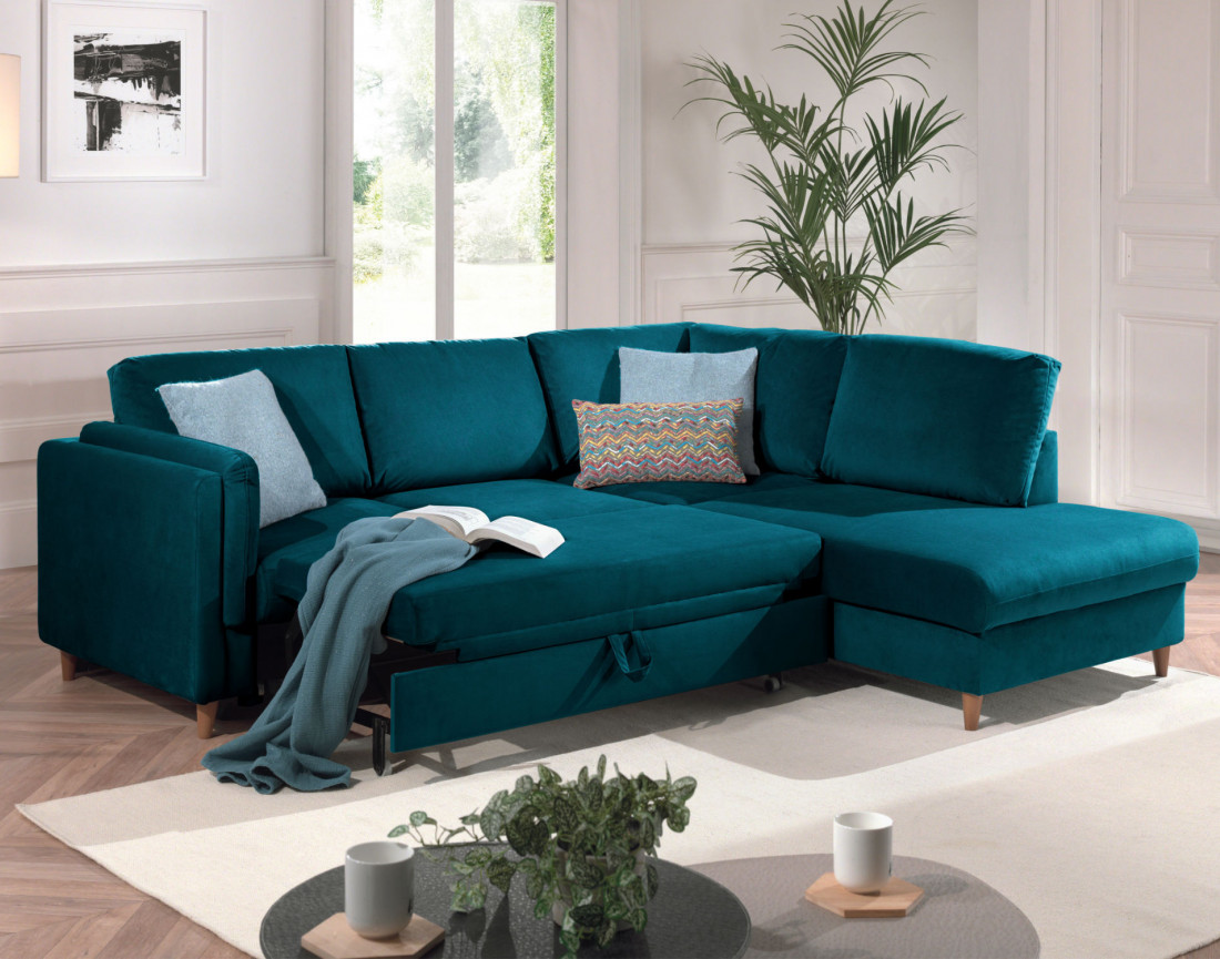 Canapé d'angle droit convertible 5 places en velours Brooke