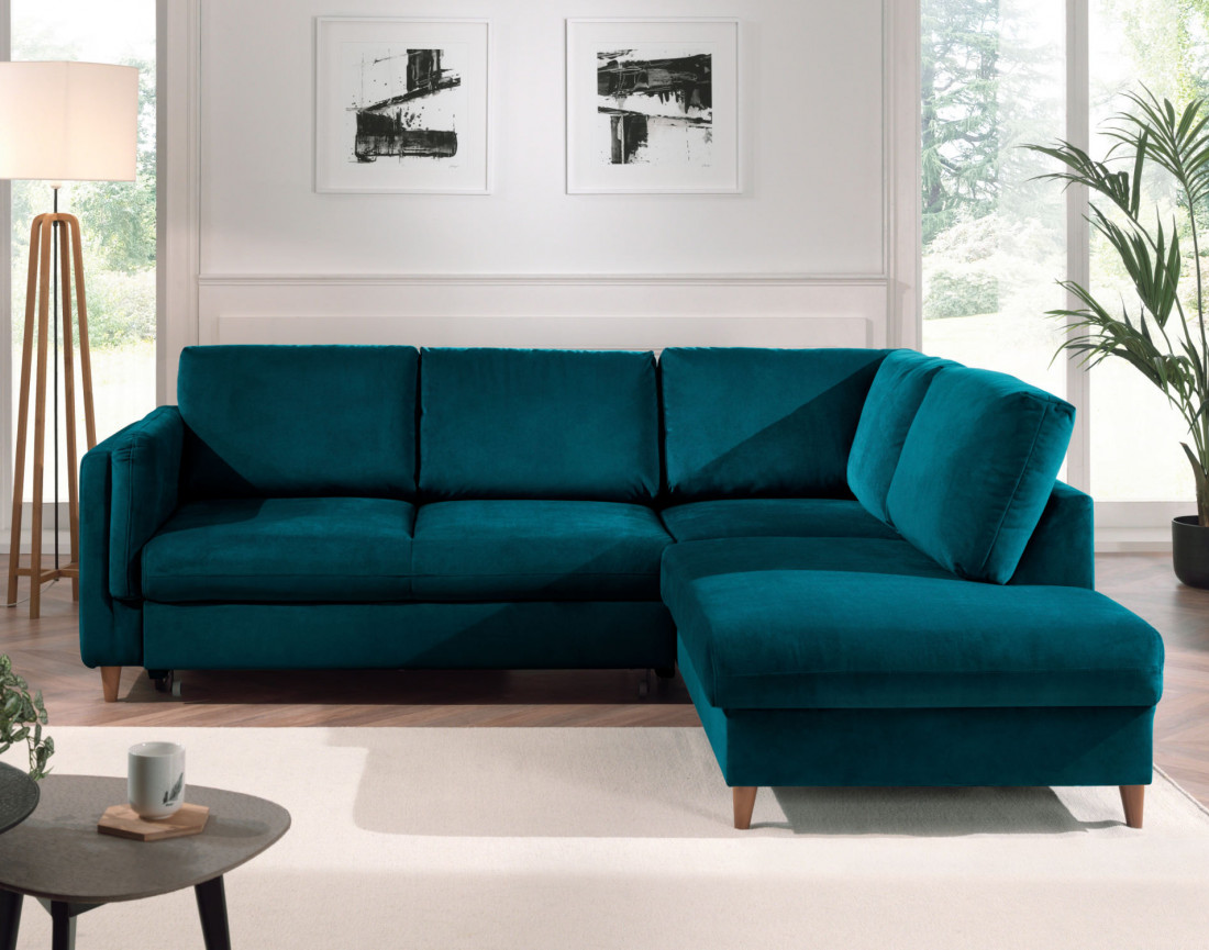 Canapé d'angle droit convertible 5 places en velours Brooke