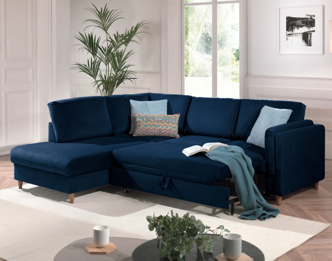 Canapé d'angle gauche convertible 5 places en velours Brooke