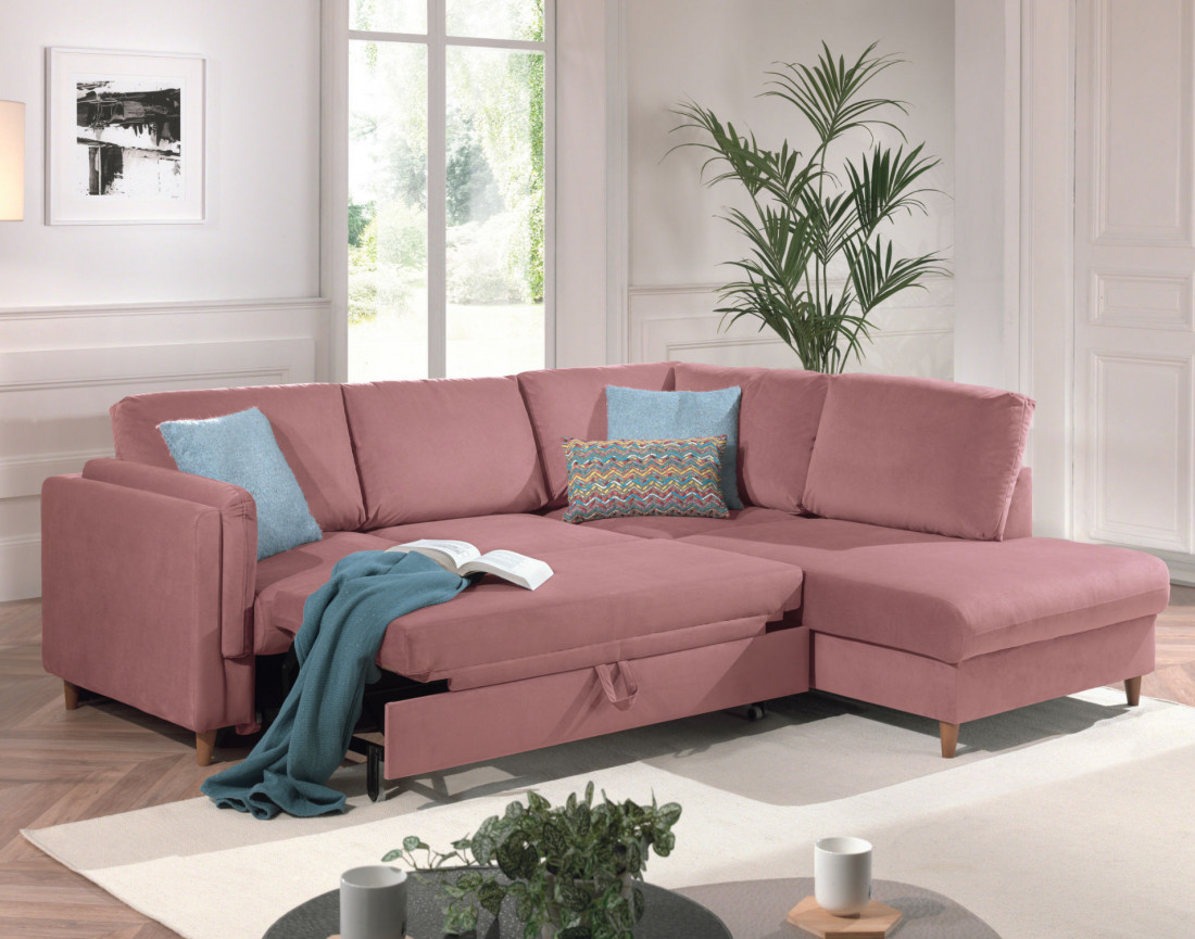 Canapé d'angle gauche convertible 5 places en velours Brooke