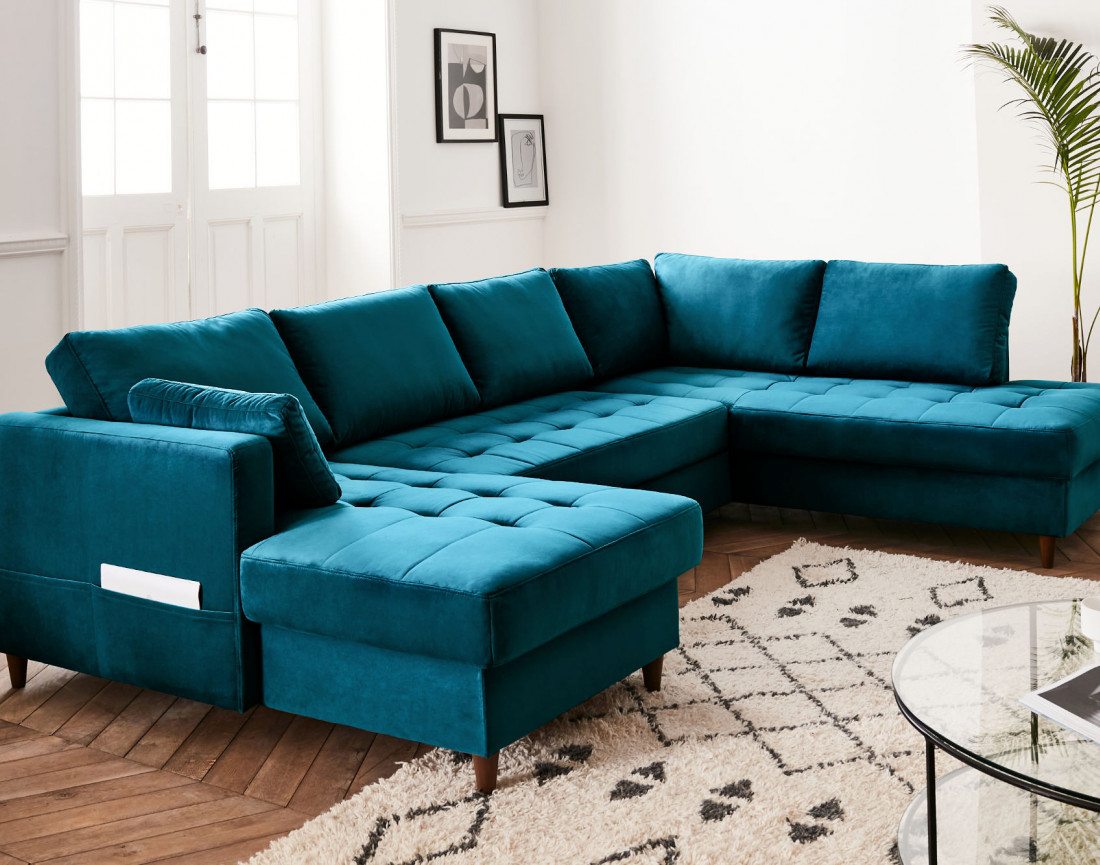 Canapé panoramique d'angle droit 7 places convertible avec coffre en velours Anna