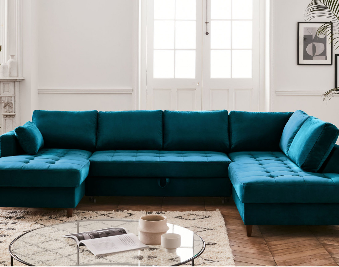 Canapé panoramique d'angle droit 7 places convertible avec coffre en velours Anna