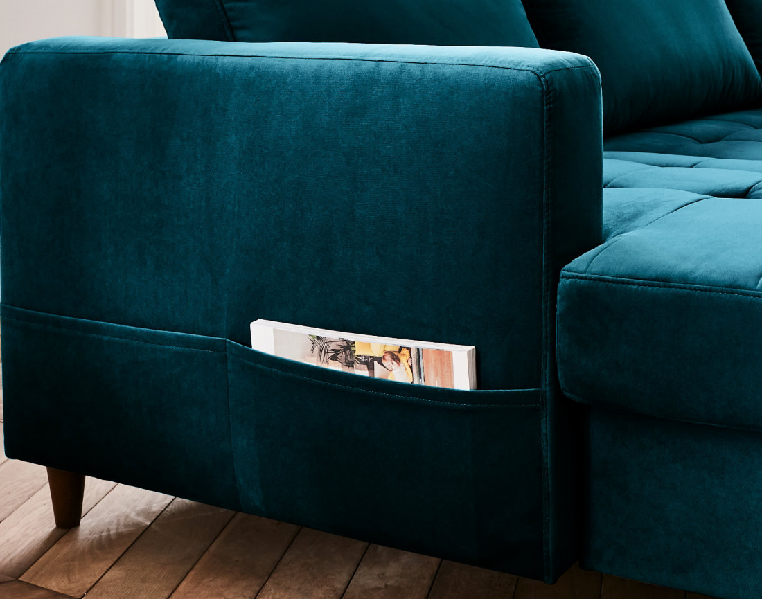 Canapé panoramique d'angle droit 7 places convertible avec coffre en velours Anna