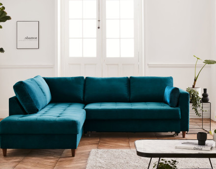 Canapé d'angle gauche 5 places convertible en velours Anna