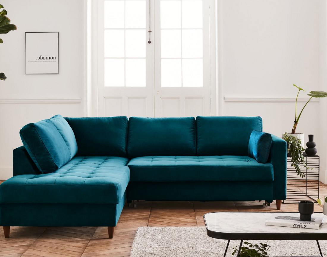 Canapé d'angle gauche 5 places convertible en velours Anna