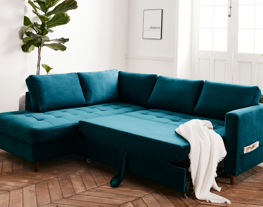 Canapé d'angle gauche 5 places convertible en velours Anna