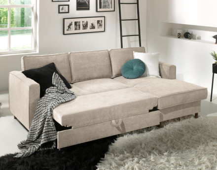 Canapé d'angle droit convertible avec coffre 4 places en velours côtelé Jake