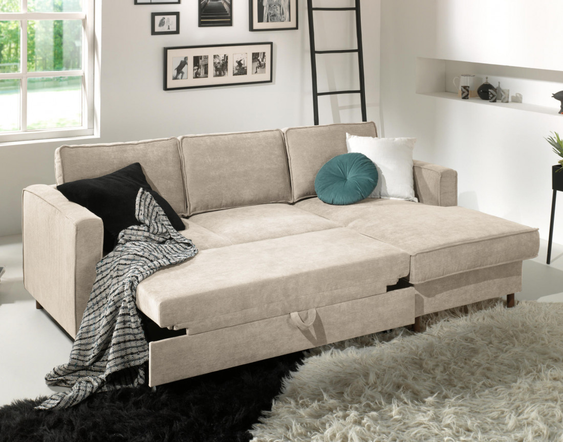 Canapé d'angle droit convertible avec coffre 4 places en velours côtelé Jake