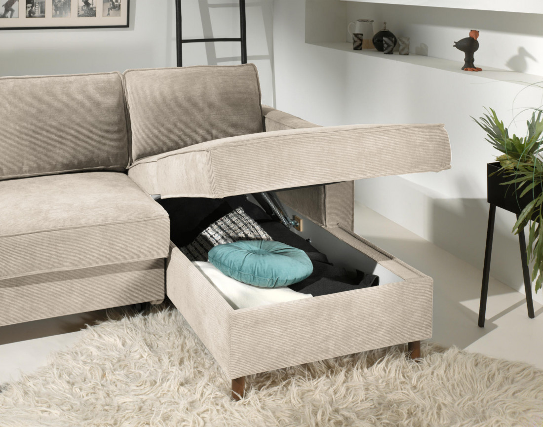 Canapé d'angle droit convertible avec coffre 4 places en velours côtelé Jake