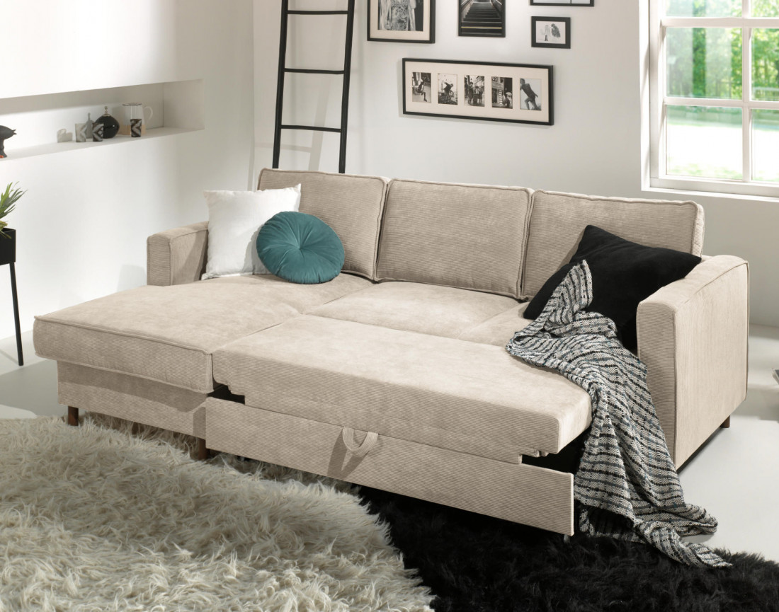 Canapé d'angle gauche convertible avec coffre 4 places en velours côtelé Jake