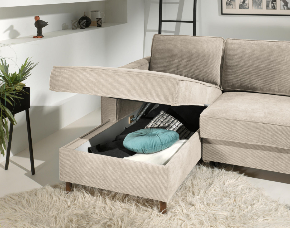 Canapé d'angle gauche convertible avec coffre 4 places en velours côtelé Jake