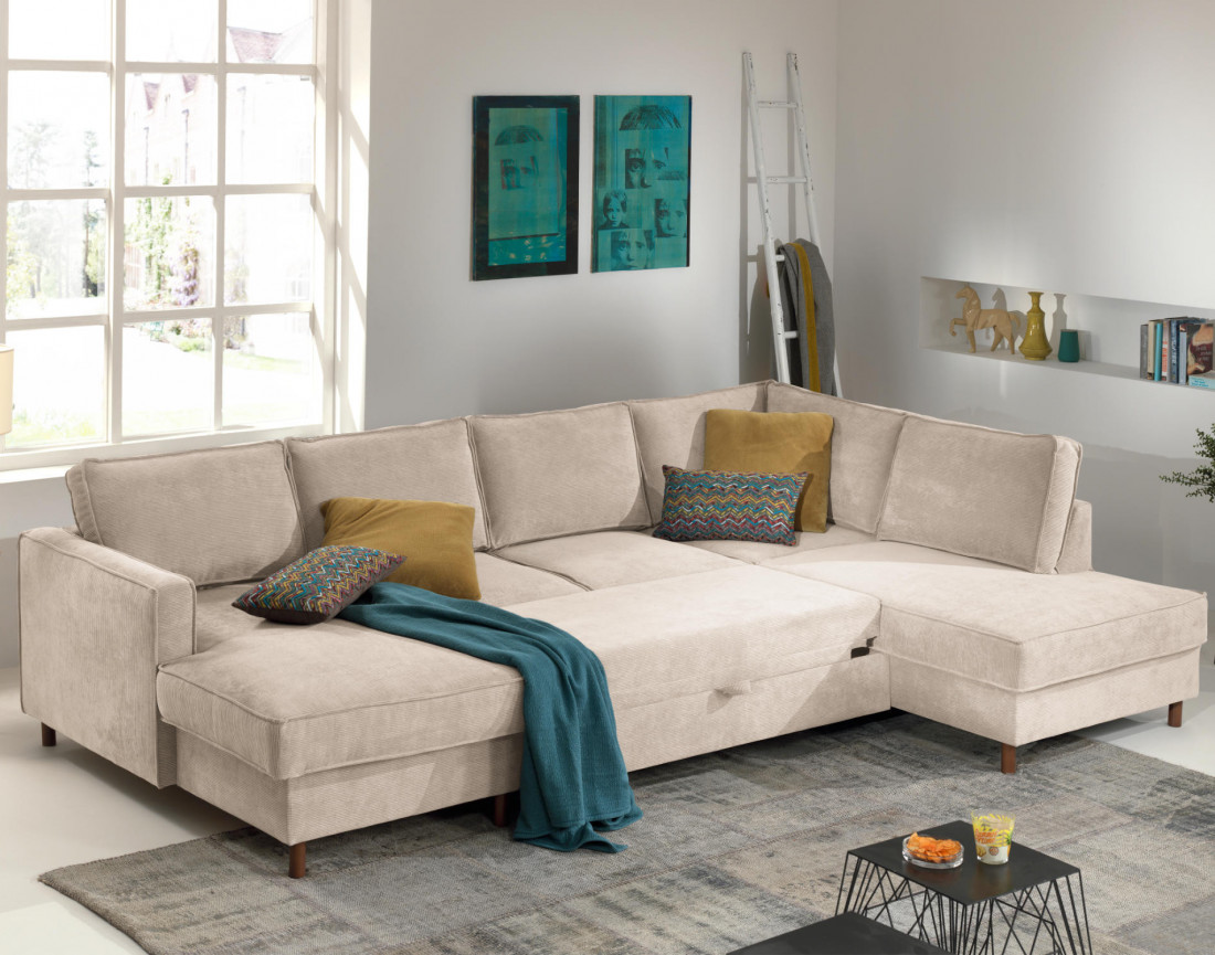 Canapé panoramique d'angle droit convertible avec coffre 7 places en velours côtelé Jake