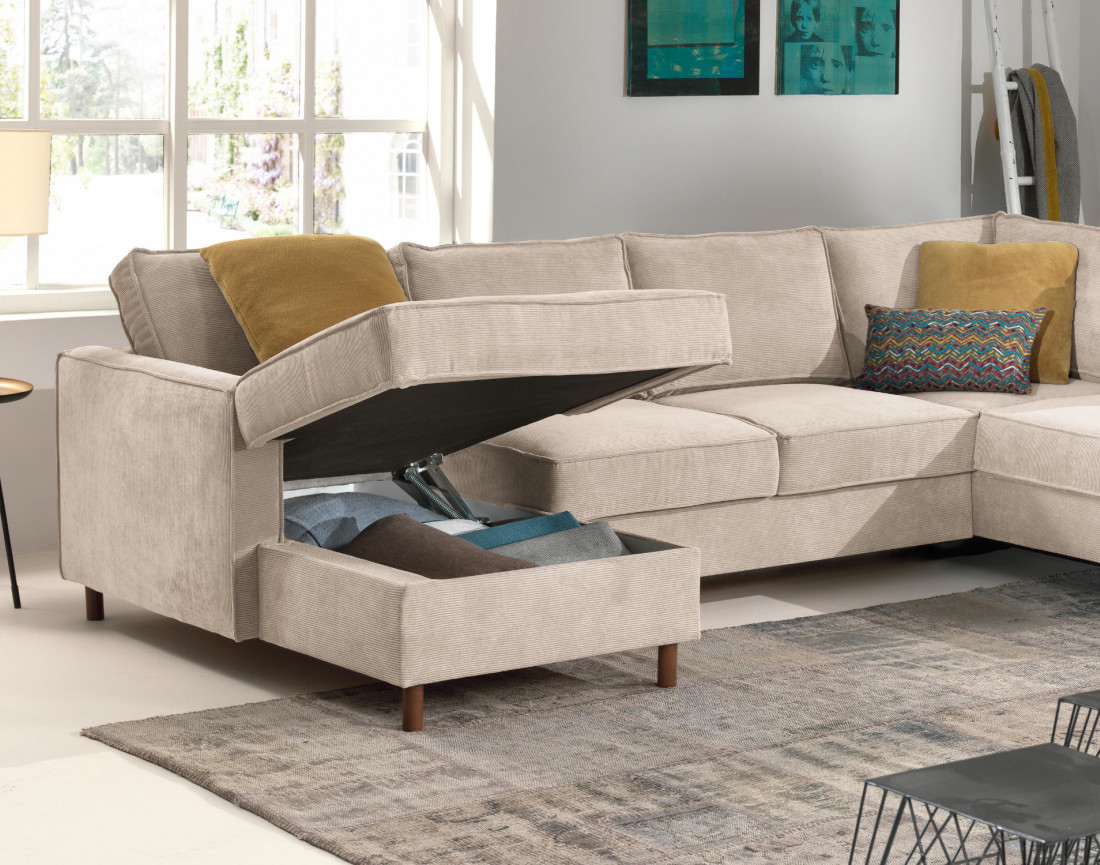 Canapé panoramique d'angle droit convertible avec coffre 7 places en velours côtelé Jake