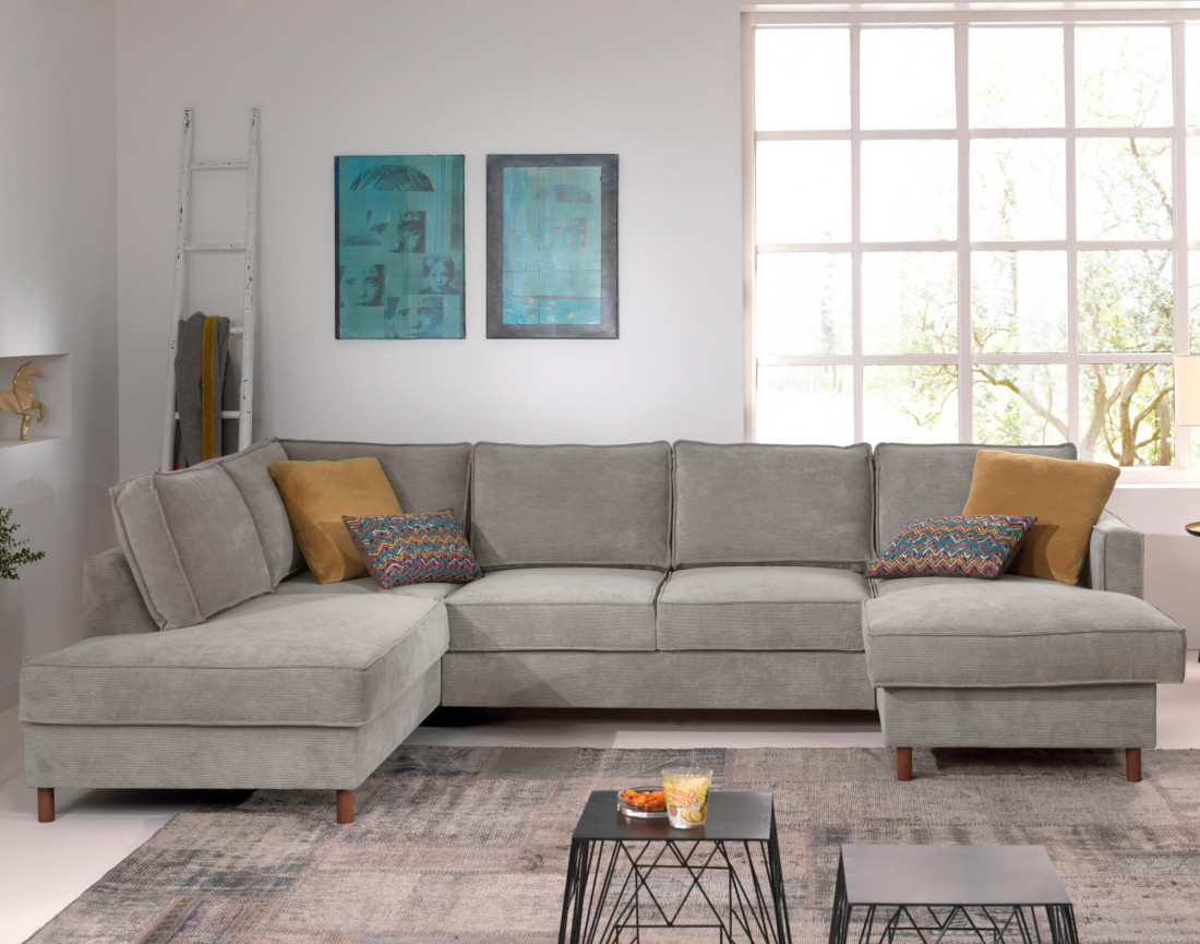 Canapé panoramique d'angle gauche convertible avec coffre 7 places en velours côtelé Jake