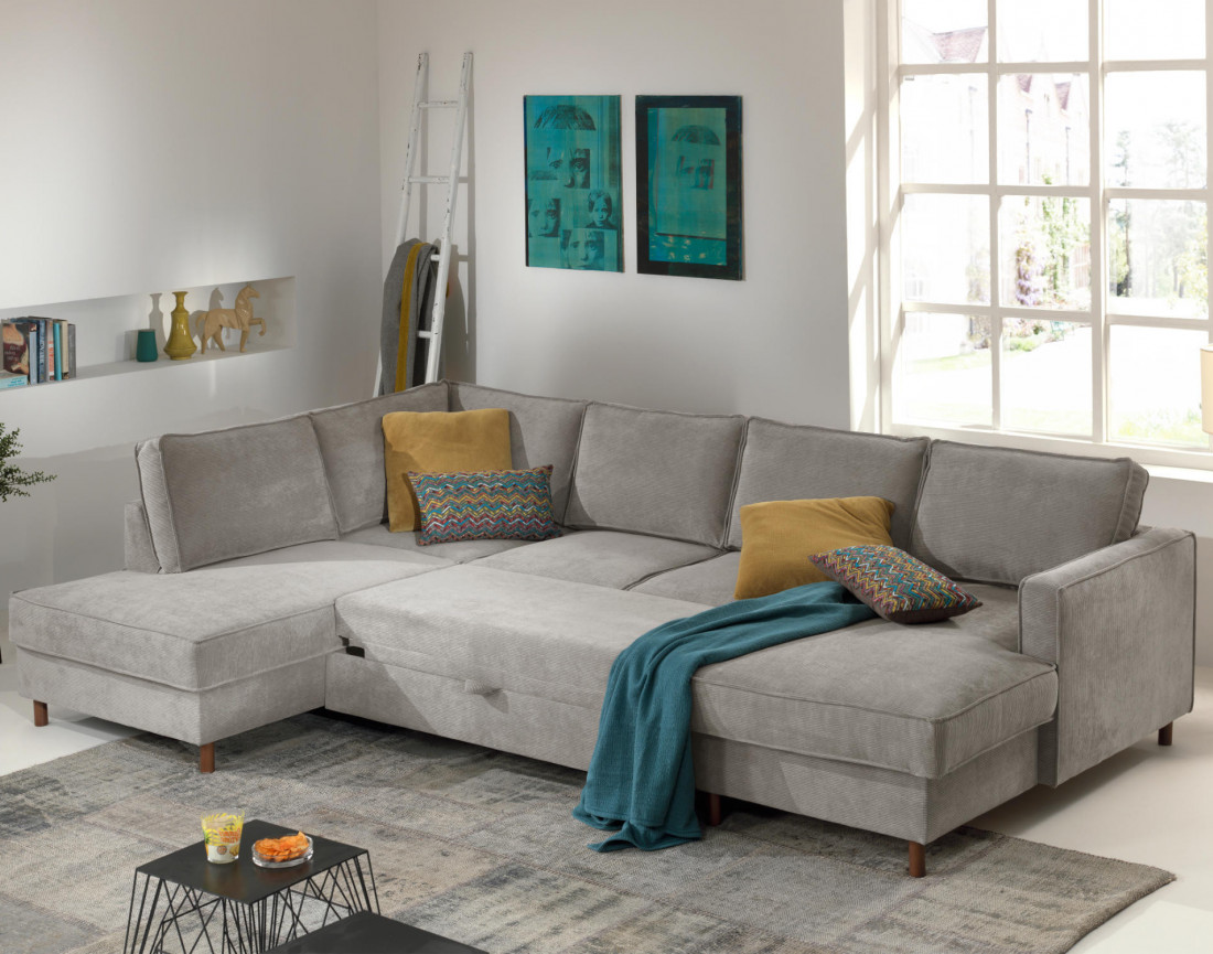 Canapé panoramique d'angle gauche convertible avec coffre 7 places en velours côtelé Jake