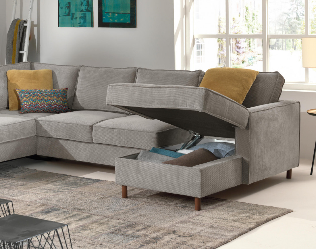 Canapé panoramique d'angle gauche convertible avec coffre 7 places en velours côtelé Jake