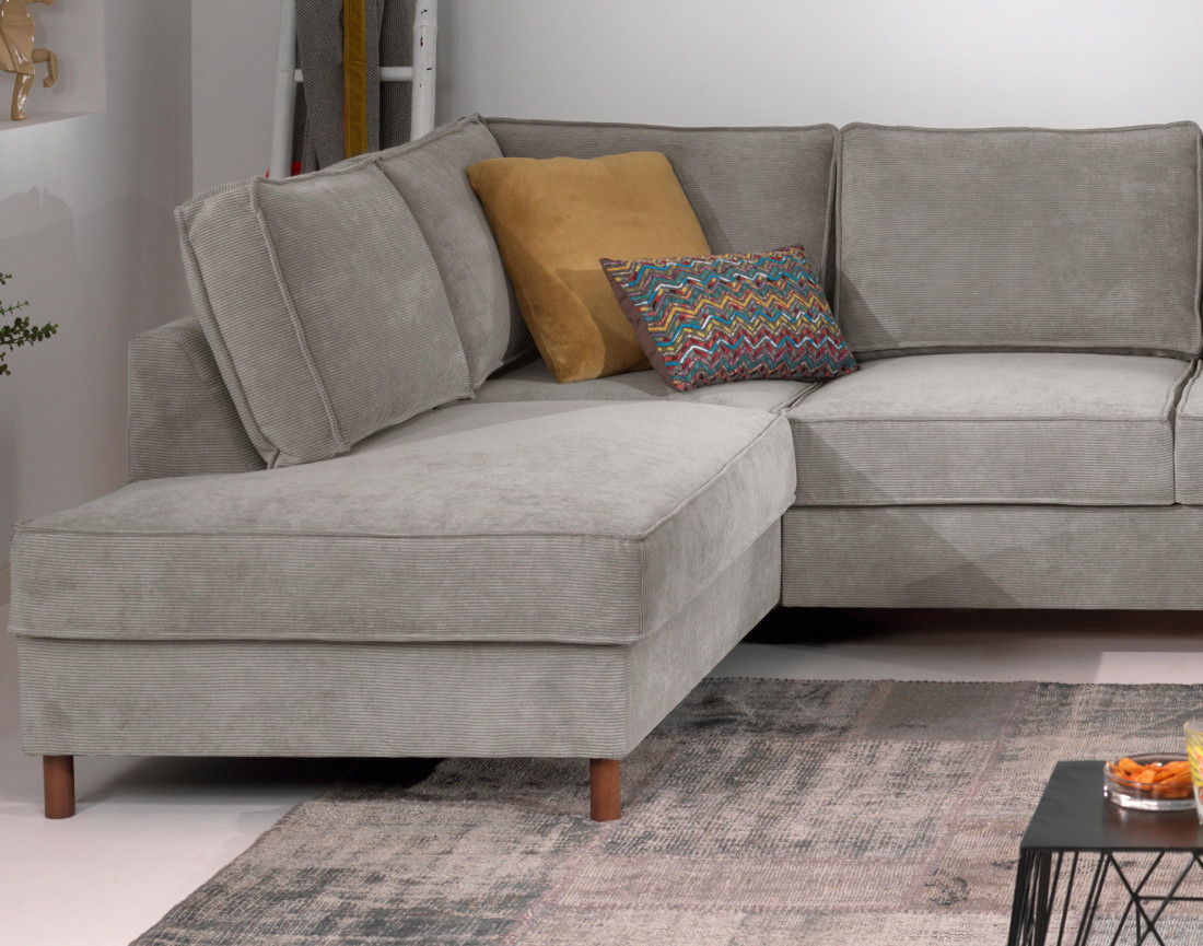 Canapé panoramique d'angle gauche convertible avec coffre 7 places en velours côtelé Jake