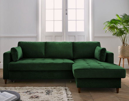 Canapé d'angle droit 4 places convertible avec coffre en velours Anna