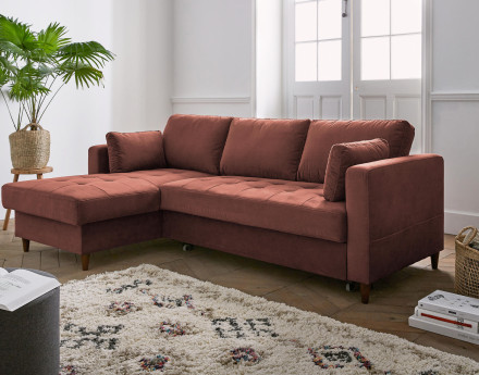 Canapé d'angle gauche 4 places convertible avec coffre en velours Anna