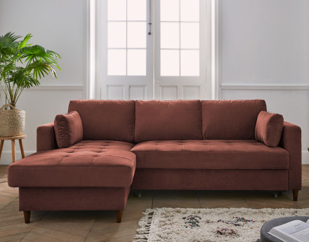Canapé d'angle gauche 4 places convertible avec coffre en velours Anna