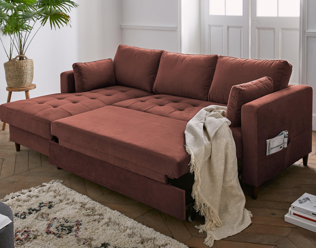 Canapé d'angle gauche 4 places convertible avec coffre en velours Anna