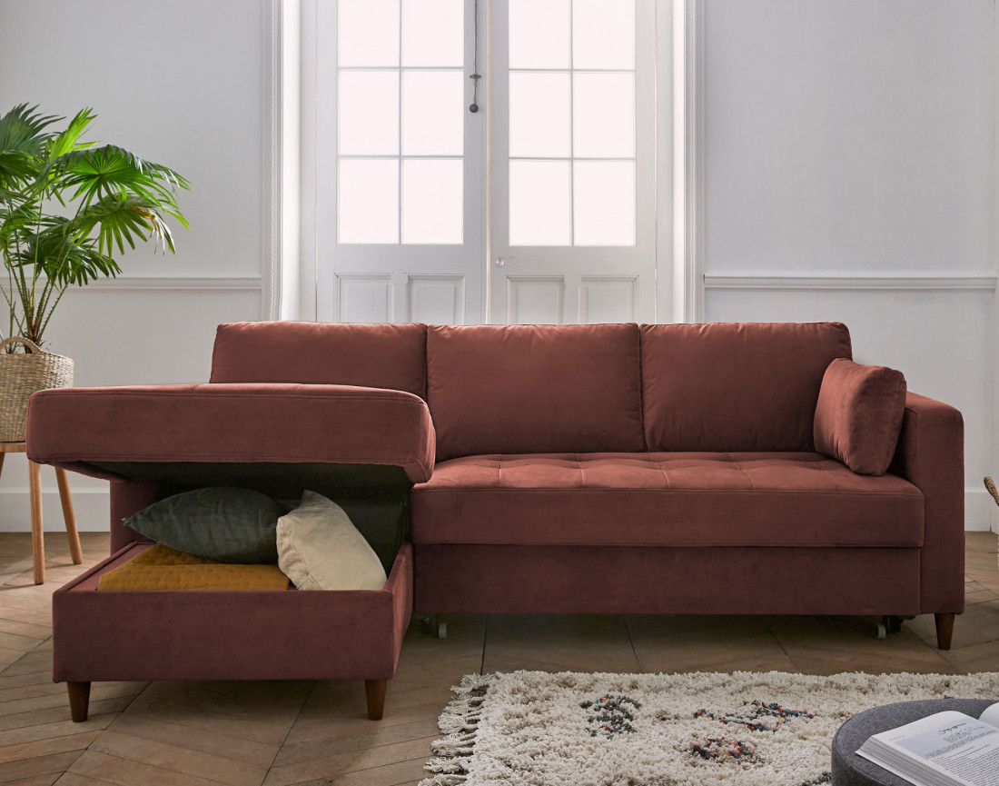 Canapé d'angle gauche 4 places convertible avec coffre en velours Anna