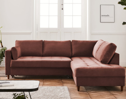 Canapé d'angle droit 5 places convertible en velours Anna