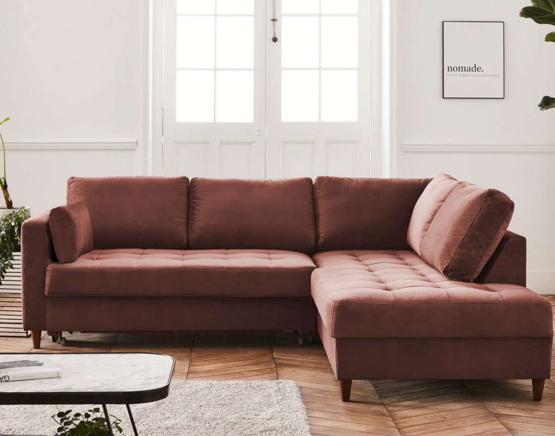 Canapé d'angle droit 5 places convertible en velours Anna