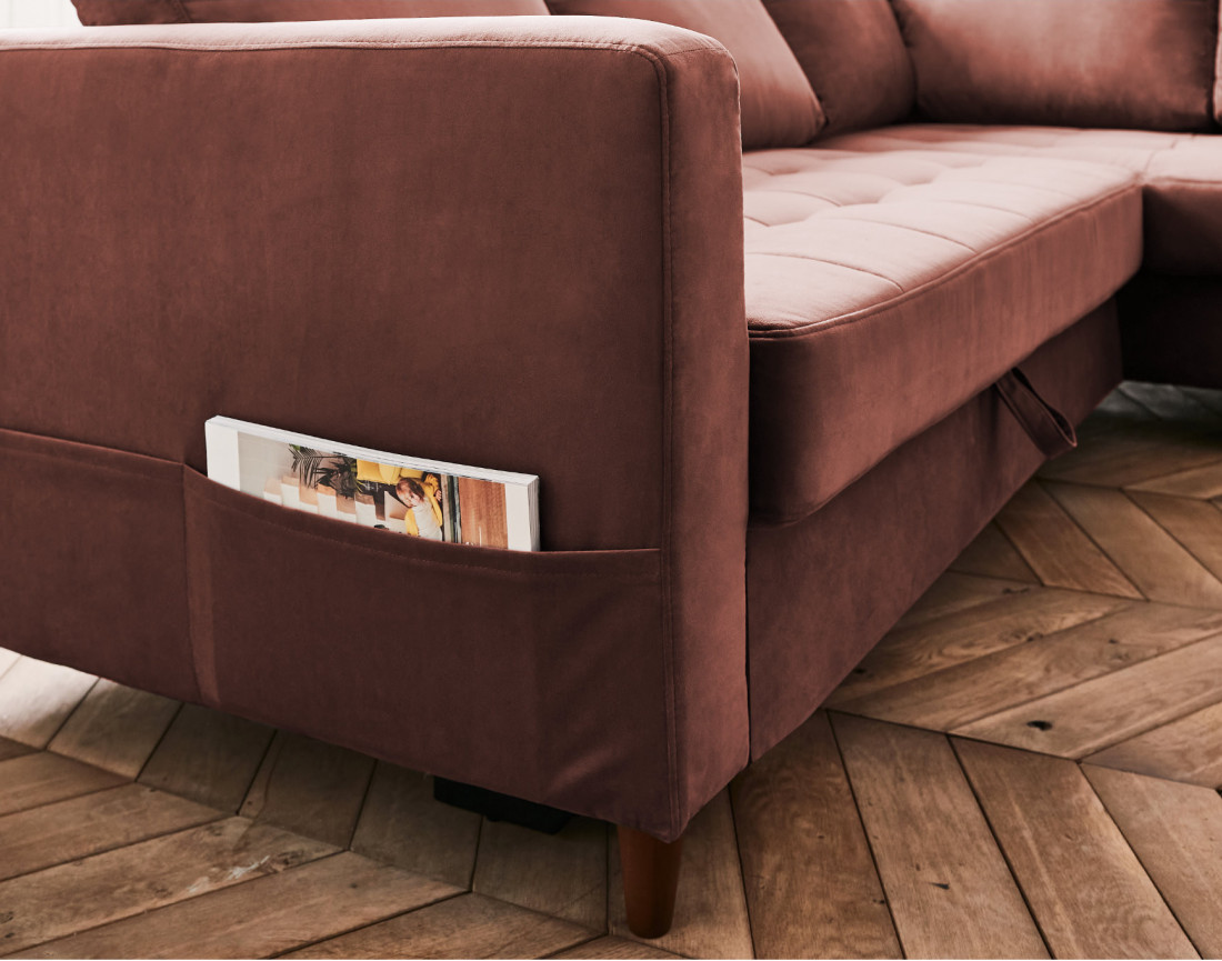 Canapé d'angle droit 5 places convertible en velours Anna