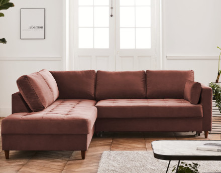 Canapé d'angle gauche 5 places convertible en velours Anna