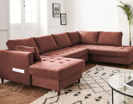 Canapé panoramique d'angle droit 7 places convertible avec coffre en velours Anna