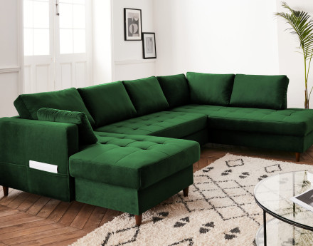 Canapé panoramique d'angle droit 7 places convertible avec coffre en velours Anna